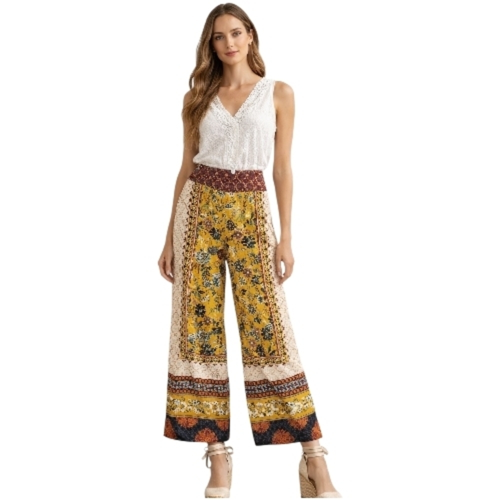 Ecote Mustard Yellow Floral Wide-Leg Pants with Contrast Waist